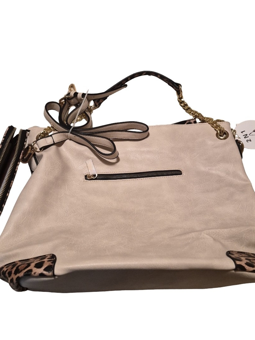 NWT Le Miel Cream Shoulder Tote with Leopard Trim and Bow Accent